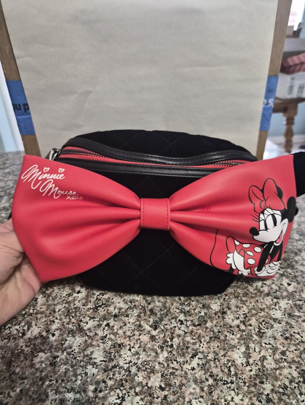 Disney Loungefly Minnie Mouse Black Quilted Waist Bag with Red Bow